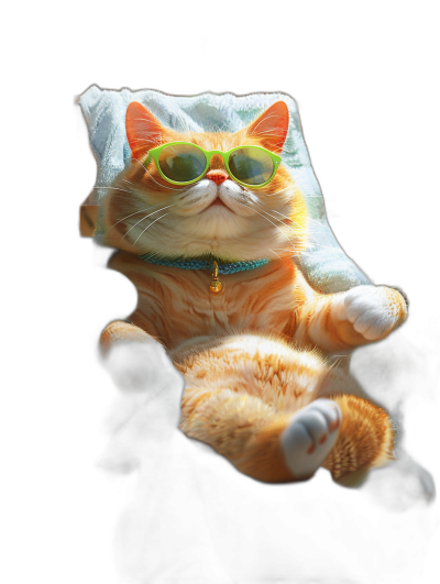 photorealistic cute orange cat wearing green sunglasses lounging in the dark with an oversized towel on its head, funny, smiling, cute pose, playful, black background, professional photography, in the style of studio lighting