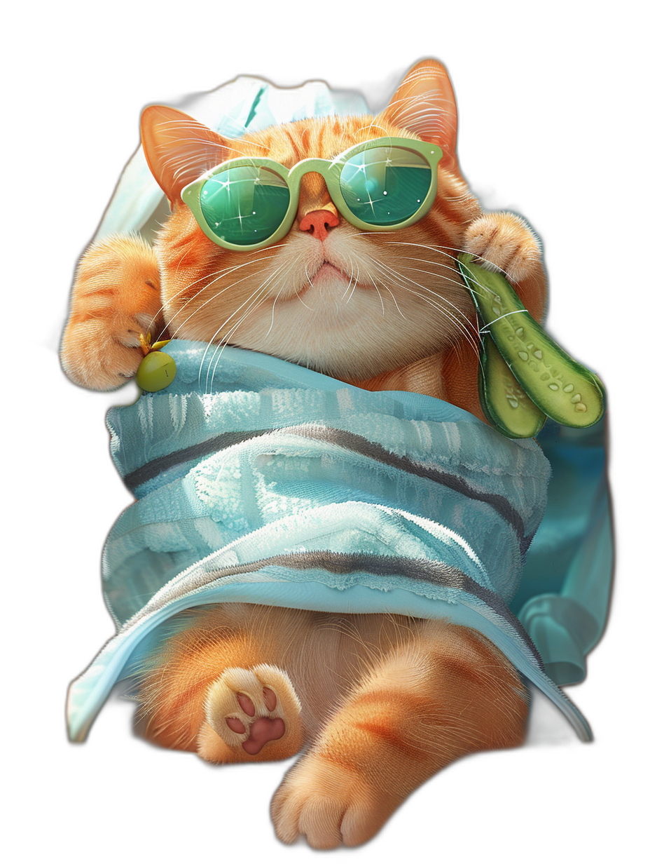 digital art of cute fat orange cat ,wearing sunglasses and blue tshirt with cucumber on its mouth, wearing white nurse hat , black background , chill smile,, pixar style