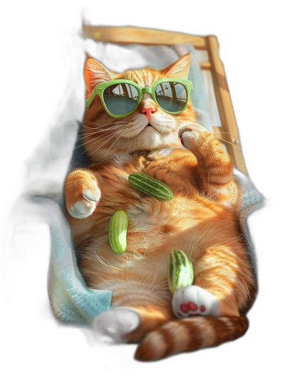 a cute ginger cat wearing green sunglasses lying on the sunbed with cucumber in its paws, black background, hyper realistic game art