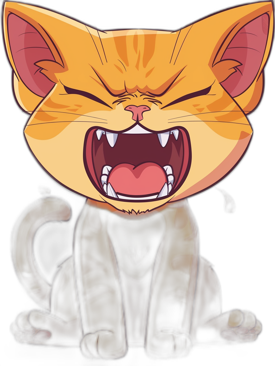 A cute cat laughing, with sharp teeth and fangs in the style of an anime character, on a black background. The artwork is created using vector graphics to emphasize detail without rough lines or texture effects.