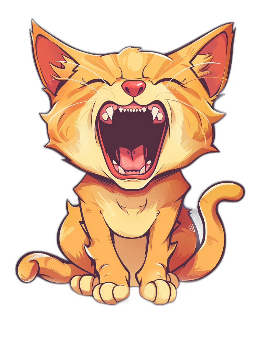 An cartoon illustration of an orange cat laughing with its mouth open, in the vector art style, isolated on a black background, as a t-shirt design graphic, with ultra detailed, natural colors in a light color theme.