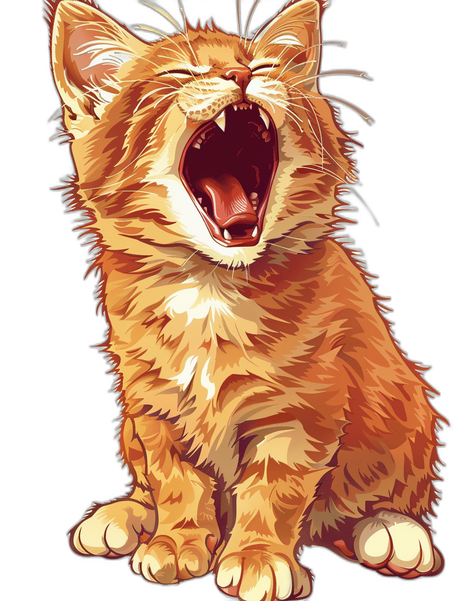 A cute ginger cat is roaring with its mouth open in the style of a vector illustration. The cartoon character design has a black background with colorful, simple lines and high resolution clear edges with no blur or shadows. The high contrast and bright colors use a symmetrical composition for the portrait.