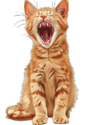 A full-body shot of a happy, smiling ginger cat yawning, isolated on a black background, in the style of a photorealistic illustration.