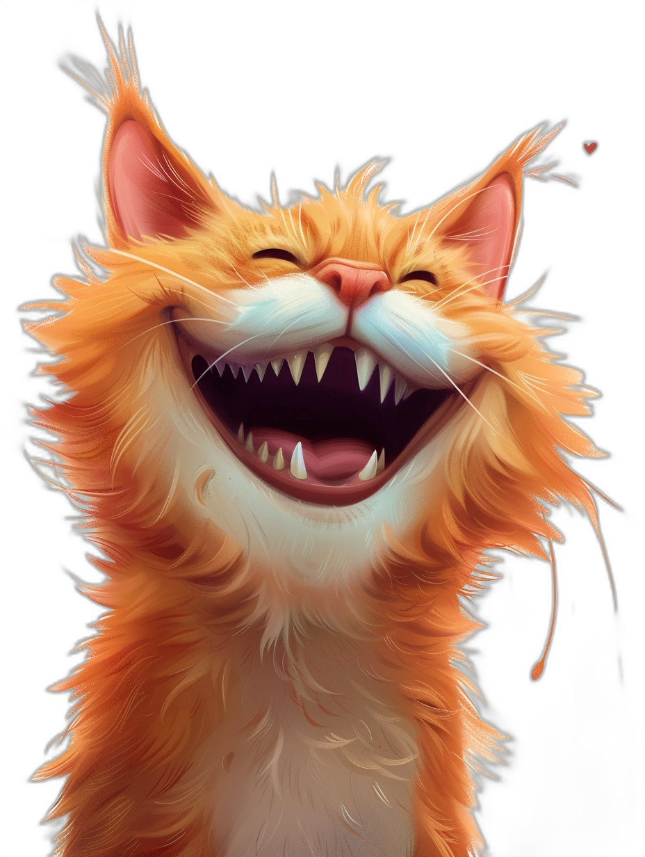 smiling ginger cat with teeth showing, cartoon style, digital art in the style of [Artgerm](https://goo.gl/search?artist%20Artgerm), black background, concept art for mobile game