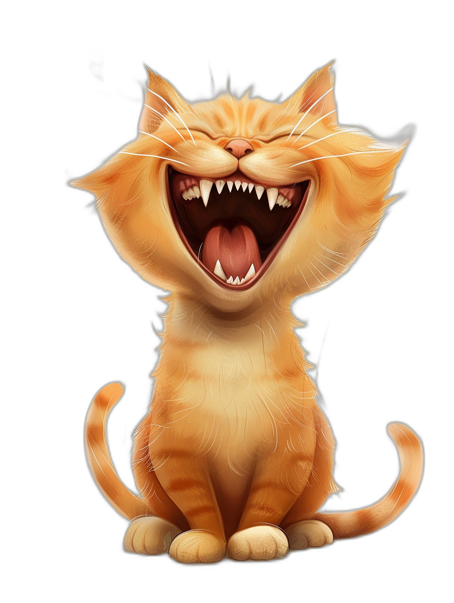 A cute happy cartoon cat, showing its teeth, isolated on a black background, digital art in the style of [Artgerm](https://goo.gl/search?artist%20Artgerm) and [Greg Rutkowski](https://goo.gl/search?artist%20Greg%20Rutkowski), with high detail.