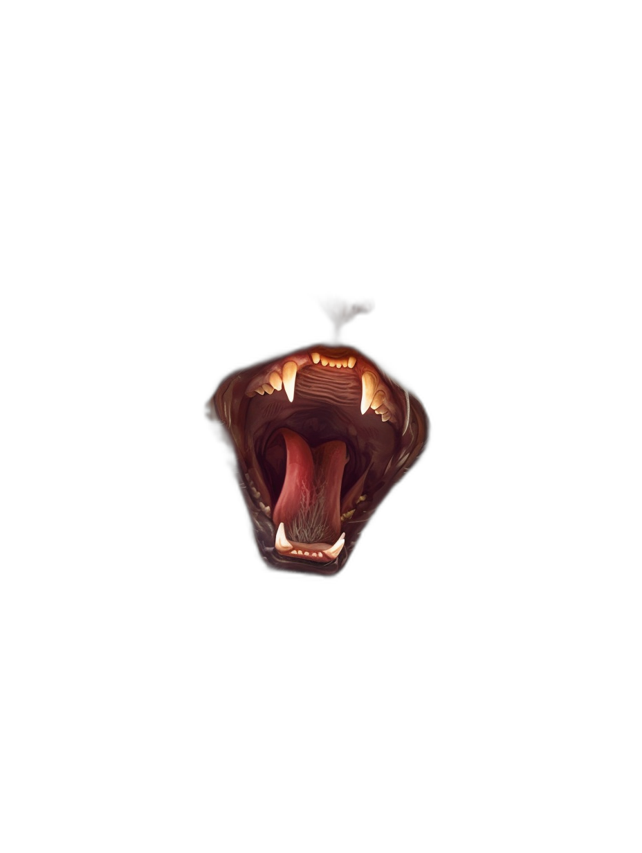 An open mouth with fangs, isolated on black background, top view, photorealistic, hyperrealism, cinematic light, octane render,