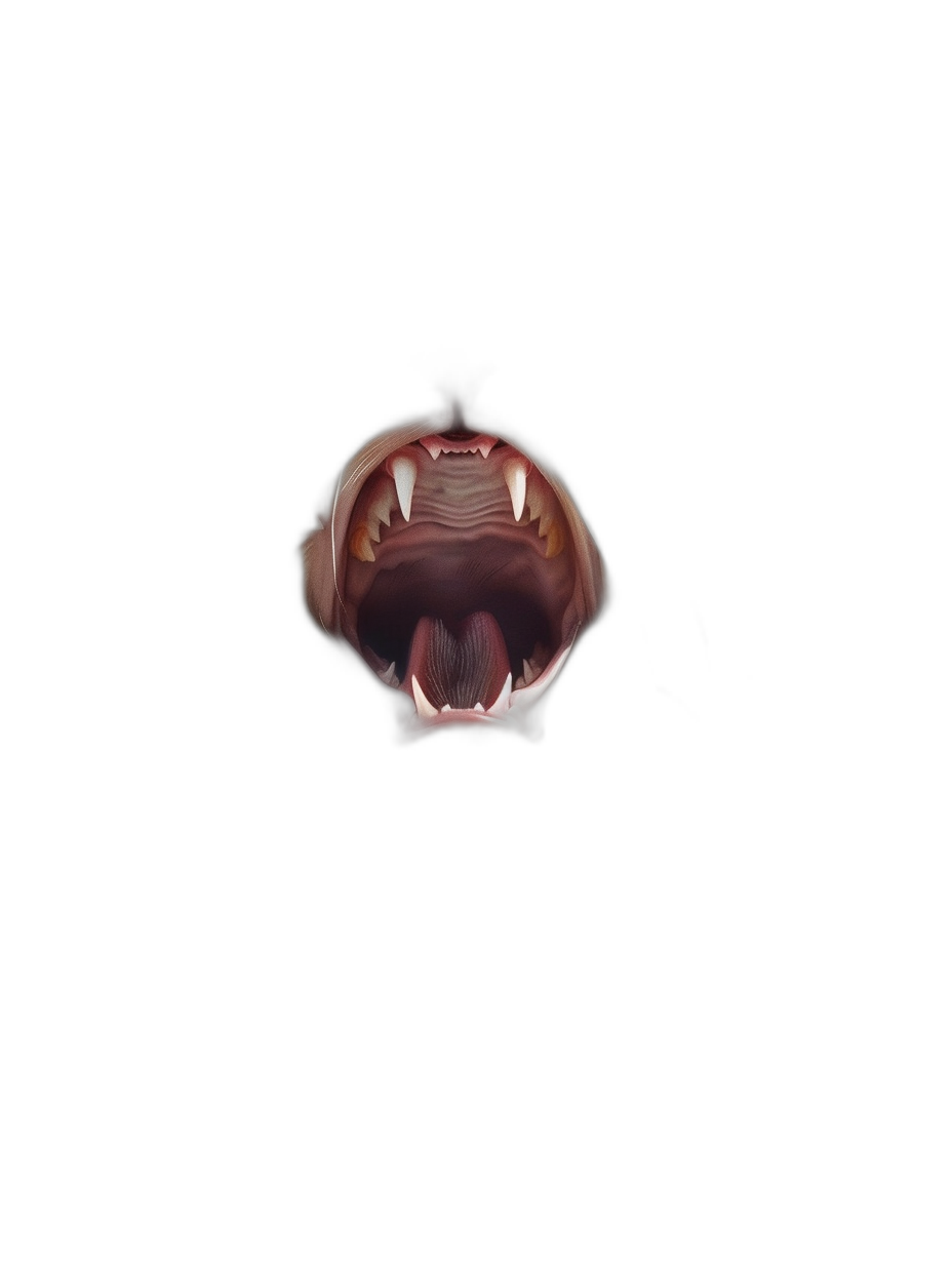 A mouth with fangs, slightly open on the black background, top view, in the digital art style.