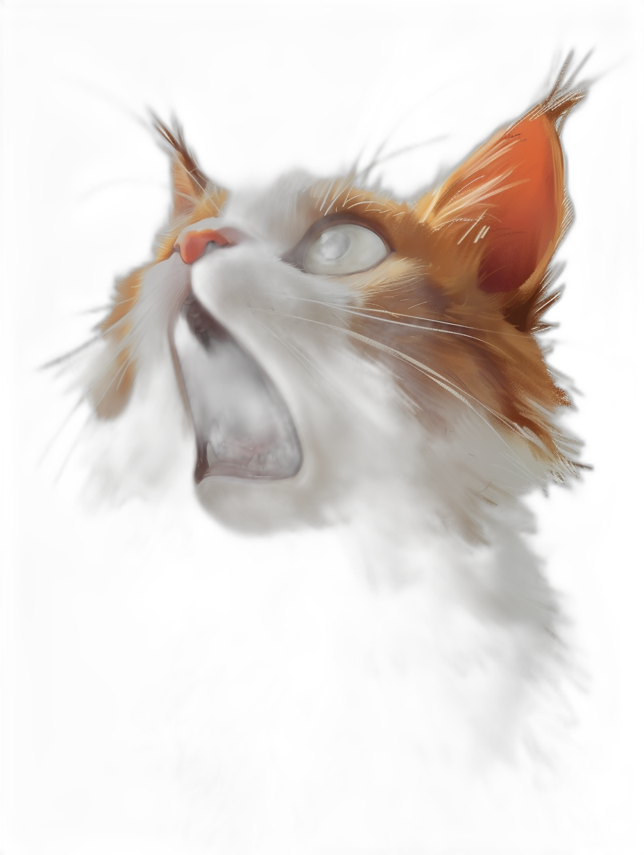 digital art of an orange and white cat meowing, close up portrait, on a black background, digital painting in the style of concept art