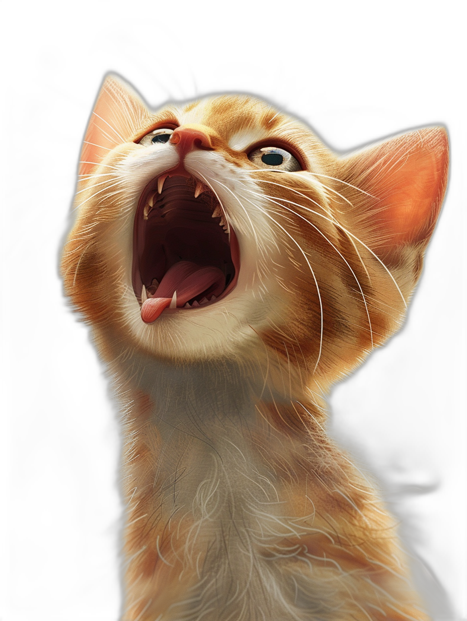 A cute cat is barking, with a very happy expression, in a head up view, against a pure black background, in the style of Pixar, illustration, high definition