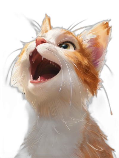 A cute happy cat, in the style of Disney, with white and orange fur, mouth open wide showing teeth, head tilted up to the left side, on a black background, as digital art, a detailed drawing, as a cute pet portrait, with high resolution, as a digital painting, with vibrant colors, soft lighting, in the style of Pixar character design.