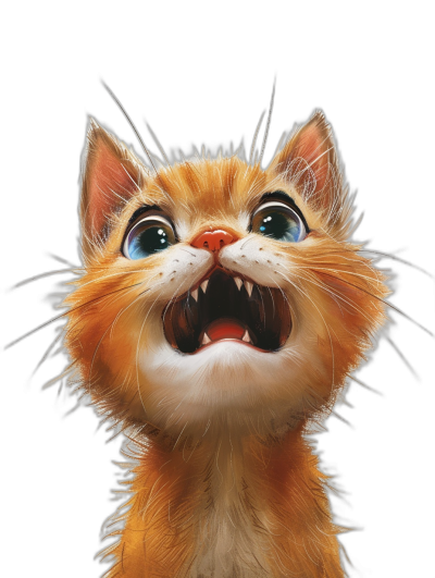 front view of a cute happy cat with its mouth open, hyper realistic cartoon digital painting in the style of Disney and Pixar, black background, high resolution