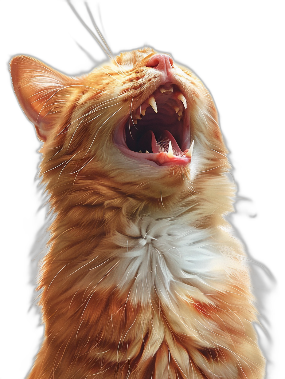 A cute orange cat is roaring, showing its teeth and fangs, against black background, Photorealistic, Highly Detailed Photo Realism Delicate Photograph Realist