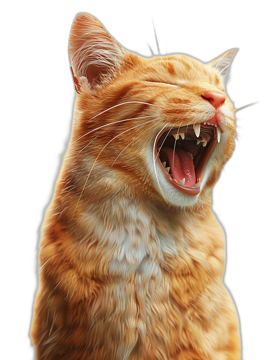 ginger cat laughing, hyper realistic, hyper detailed, high resolution, black background, octane render