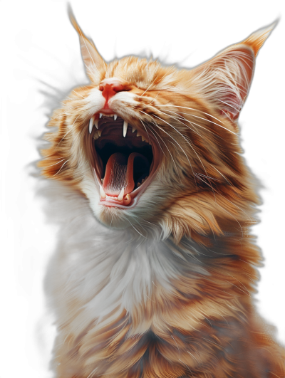 a digital illustration of an orange mainecoon cat with its mouth open showing sharp teeth, hyper realistic, high resolution, dark background, full body portrait