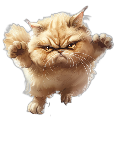 realistic persian cat, angry expression in the style of detailed character illustrations, jumping pose with raised arms on black background, cartoon mis-en-scene, disney animation, illustrative brushwork, cute and dreamy