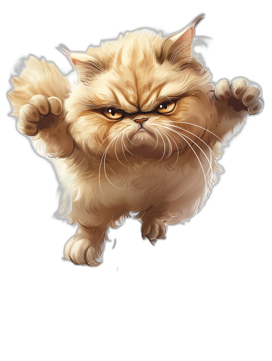 realistic persian cat, angry expression in the style of detailed character illustrations, jumping pose with raised arms on black background, cartoon mis-en-scene, disney animation, illustrative brushwork, cute and dreamy