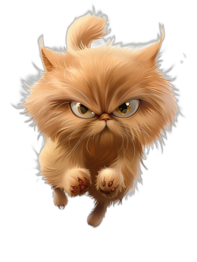 A cute cartoon illustration of an angry Persian cat jumping, black background, digital art in the style of [Artgerm](https://goo.gl/search?artist%20Artgerm) and [Greg Rutkowski](https://goo.gl/search?artist%20Greg%20Rutkowski), ultra detailed, hyper realistic.