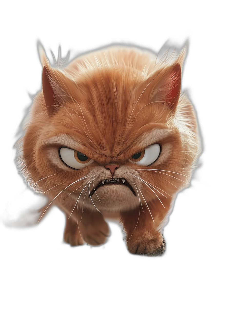 grumpy orange cat with sharp teeth and angry eyes, walking towards the camera, cartoon style, black background, in the style of Pixar