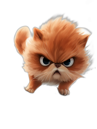 Illustration of an angry Persian cat in the chibi style and in the style of Pixar on a black background.