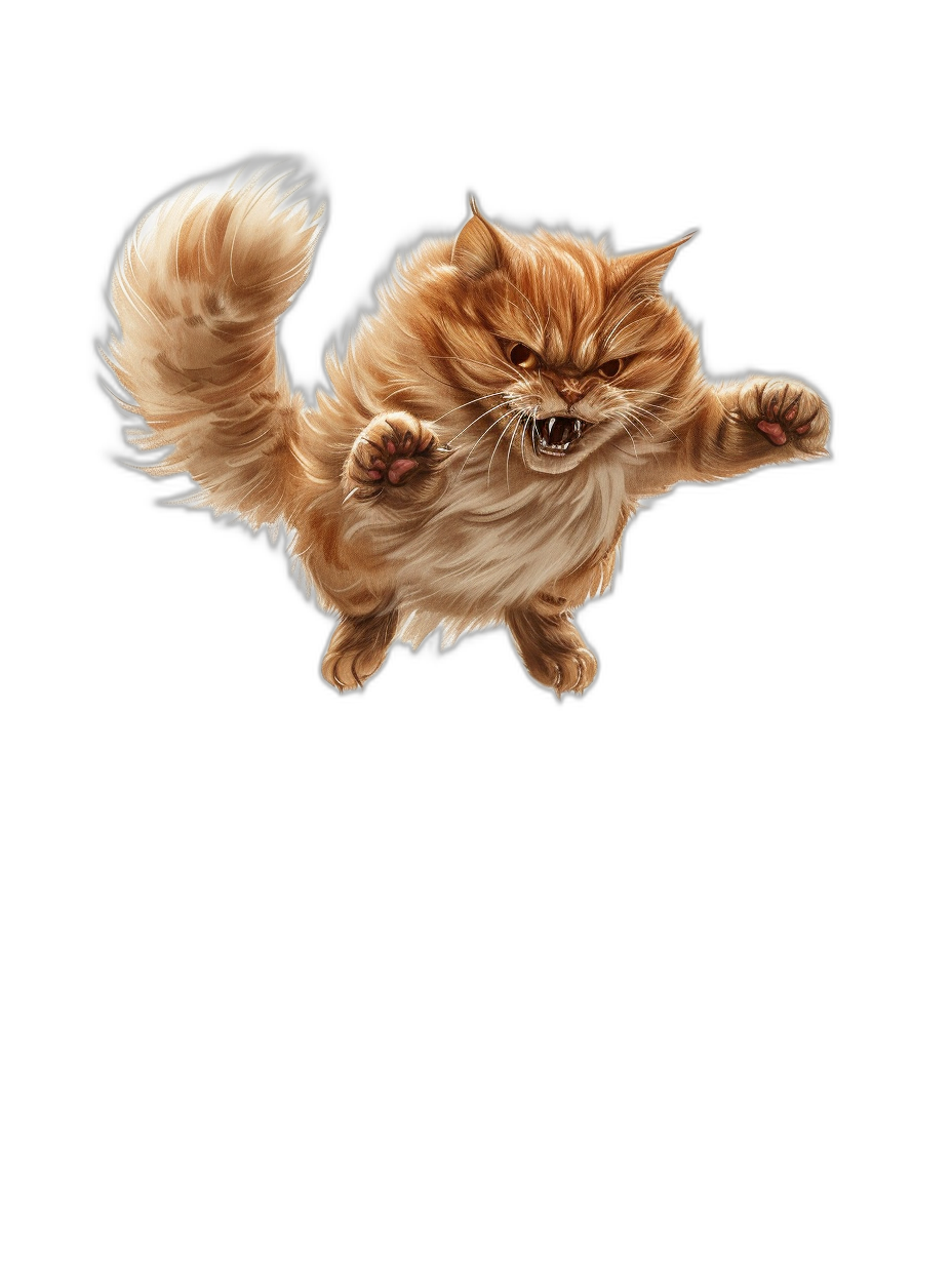 realistic digital illustration of an orange cat jumping in the air, black background, full body view, wide angle lens, fluffy fur, sharp focus, high resolution