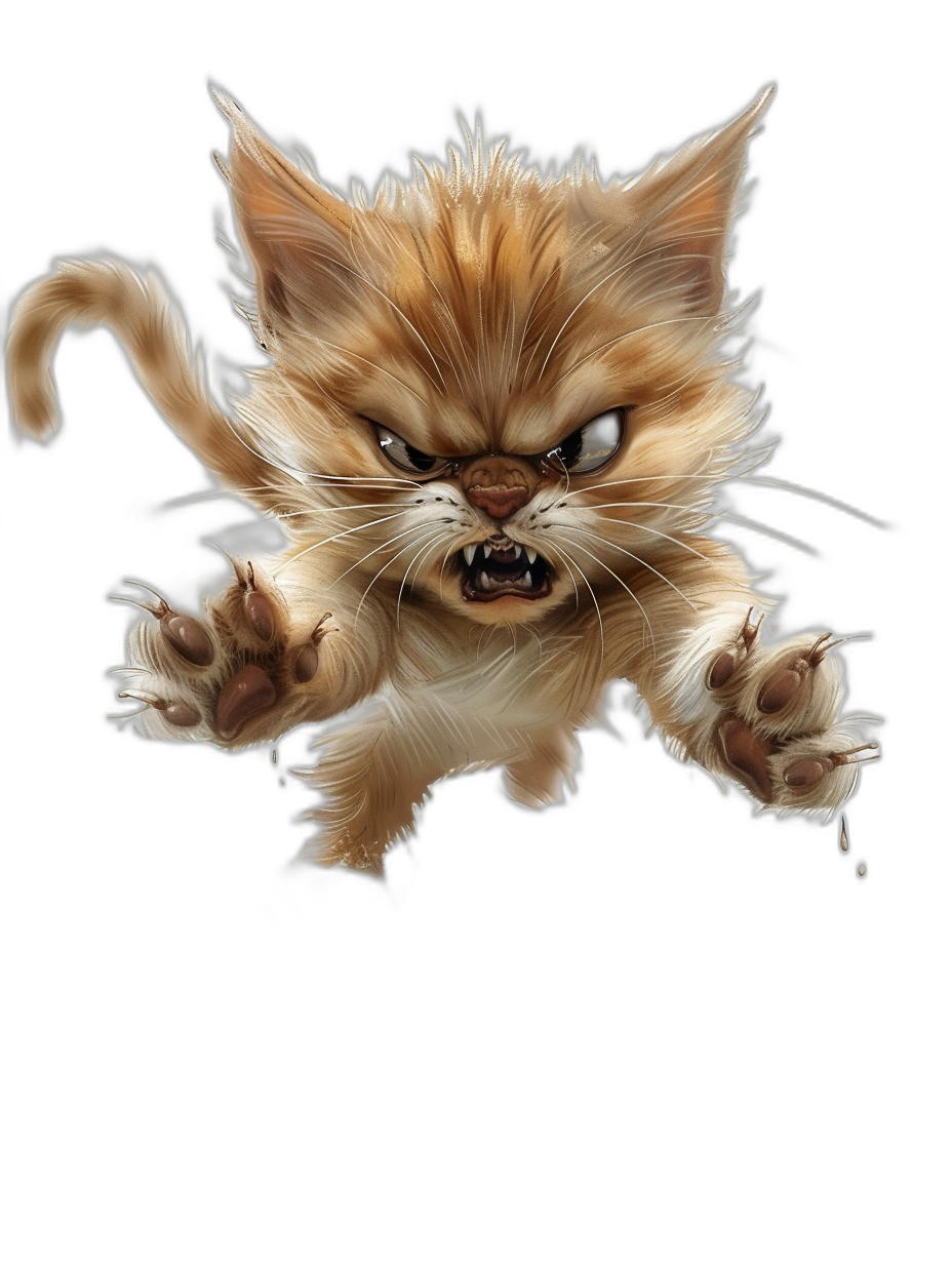 front view of cute cartoon cat jumping with angry face, isolated on black background, hyper realistic oil painting style [Artgerm](https://goo.gl/search?artist%20Artgerm), octane render