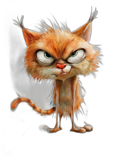 character design, cartoon illustration of an angry ginger cat with messy hair and big green eyes, on a black background, in the style of Pixar