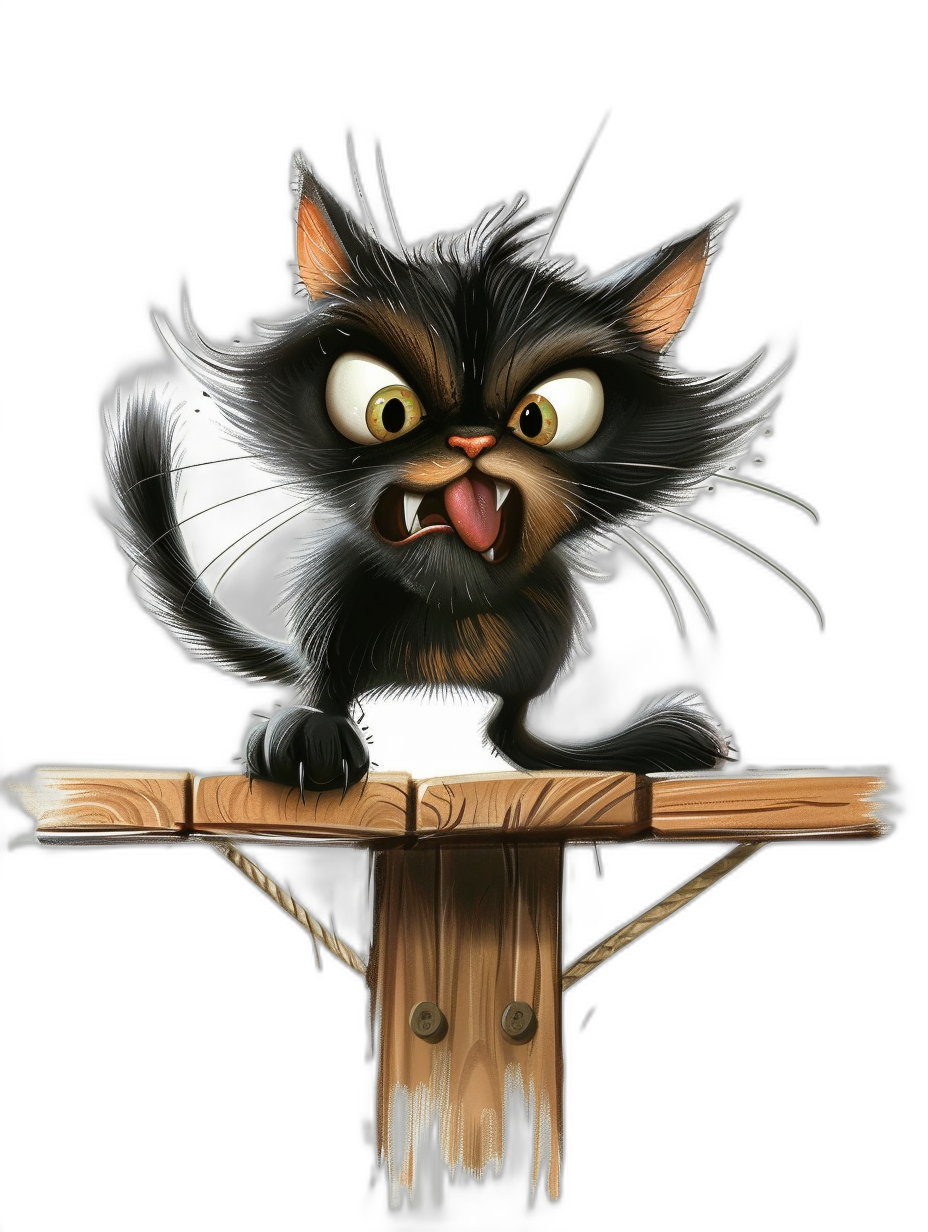 realistic cartoon caricature of an angry cat on top of the crossbar, isolated black background, clipart