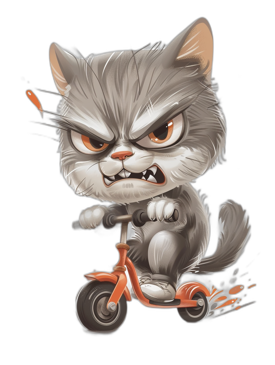 t-shirt design, angry grey cat riding scooter on a black background in the style of cartoon.