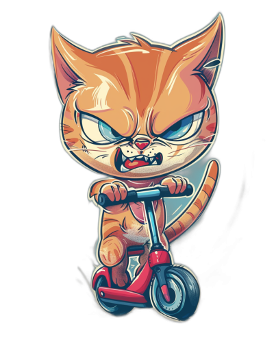 t-shirt design, angry cute cartoon cat riding scooter with black background, full body shot, detailed and sharp, clean edges, in the style of no mockup on photo