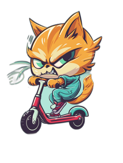 Cute chibi cat character riding scooter, angry face, vector illustration, t-shirt design graphic, ultra detailed, isolated on black background