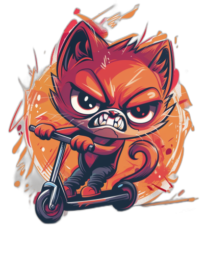 t-shirt design, angry cartoon red cat riding scooter with orange smoke behind it, black background