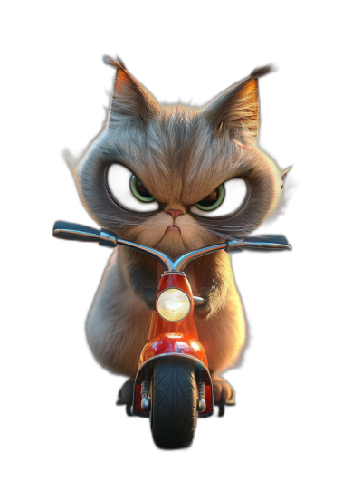 grumpy cat on scooter in the style of Pixar, cartoon character, cute and funny, black background, high resolution