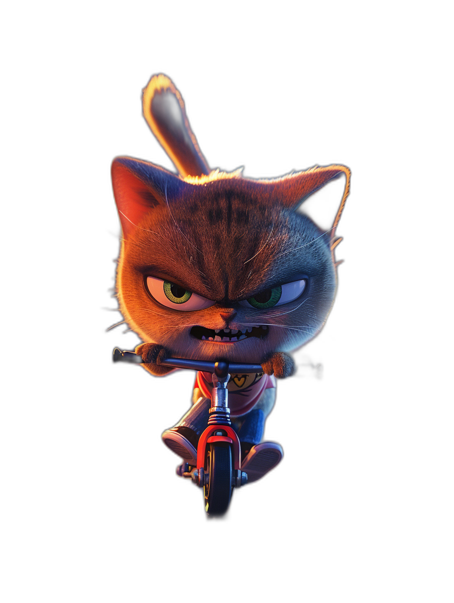 Cute cat riding bike, angry facial expression, cartoon style, in the style of Disney Pixar animation, full body shot, on a black background, high resolution image.