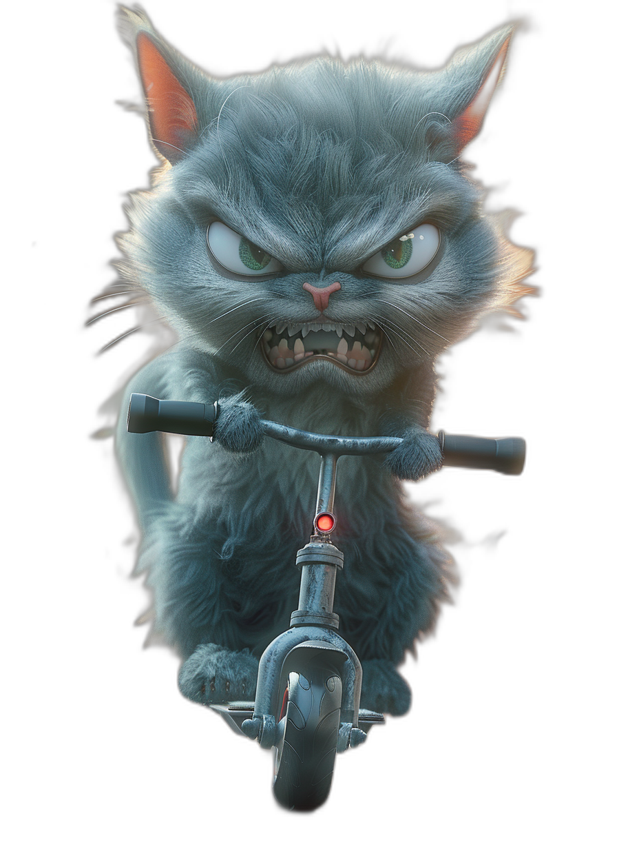 A cute grey cat with an angry expression riding on a scooter in the style of a cartoon, against a black background, in the style of a Pixar character, with high resolution, high detail, hyper quality, high texture details, and high sharpness, in HD quality.