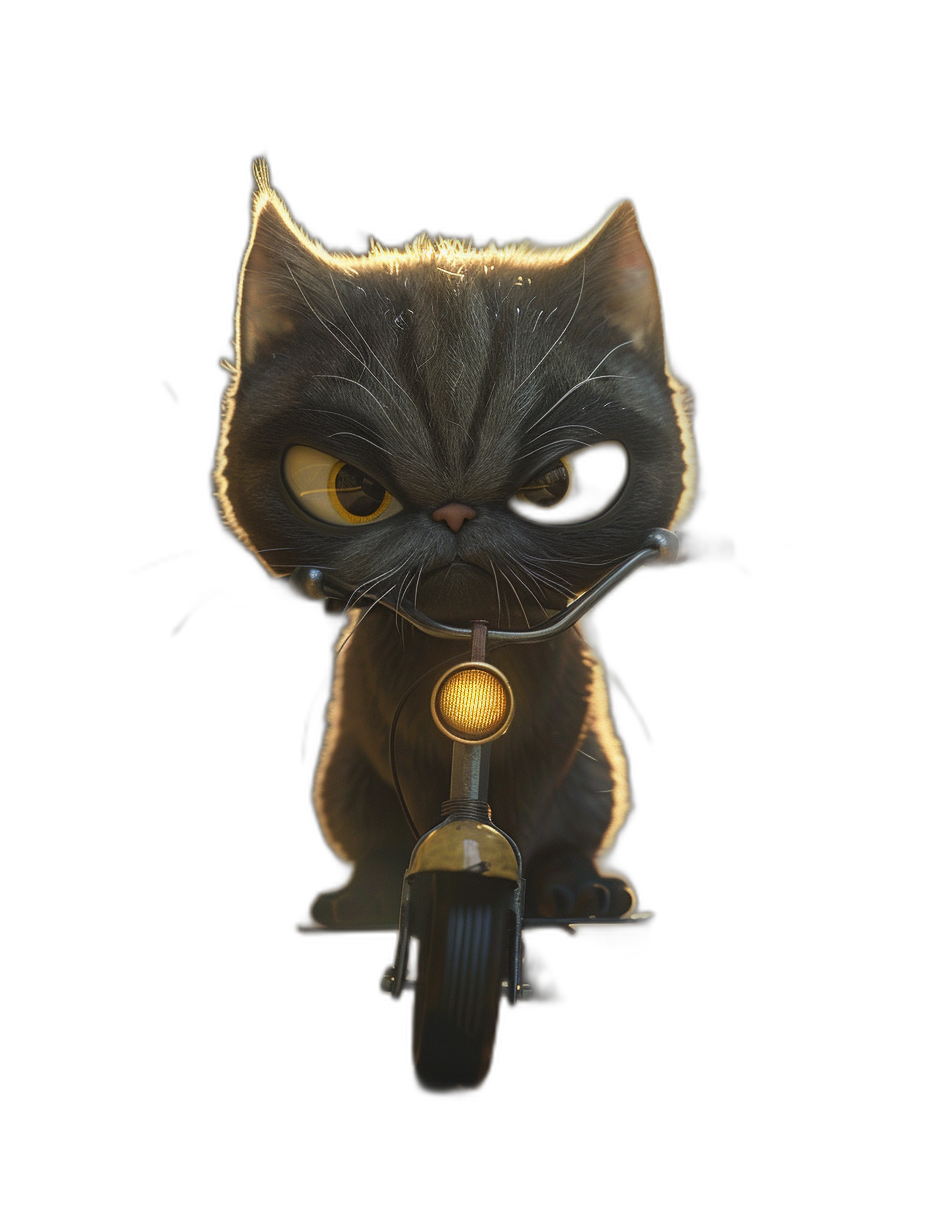 front view of a cute cat on a motorcycle, with yellow eyes, against a black background, in the style of Pixar.