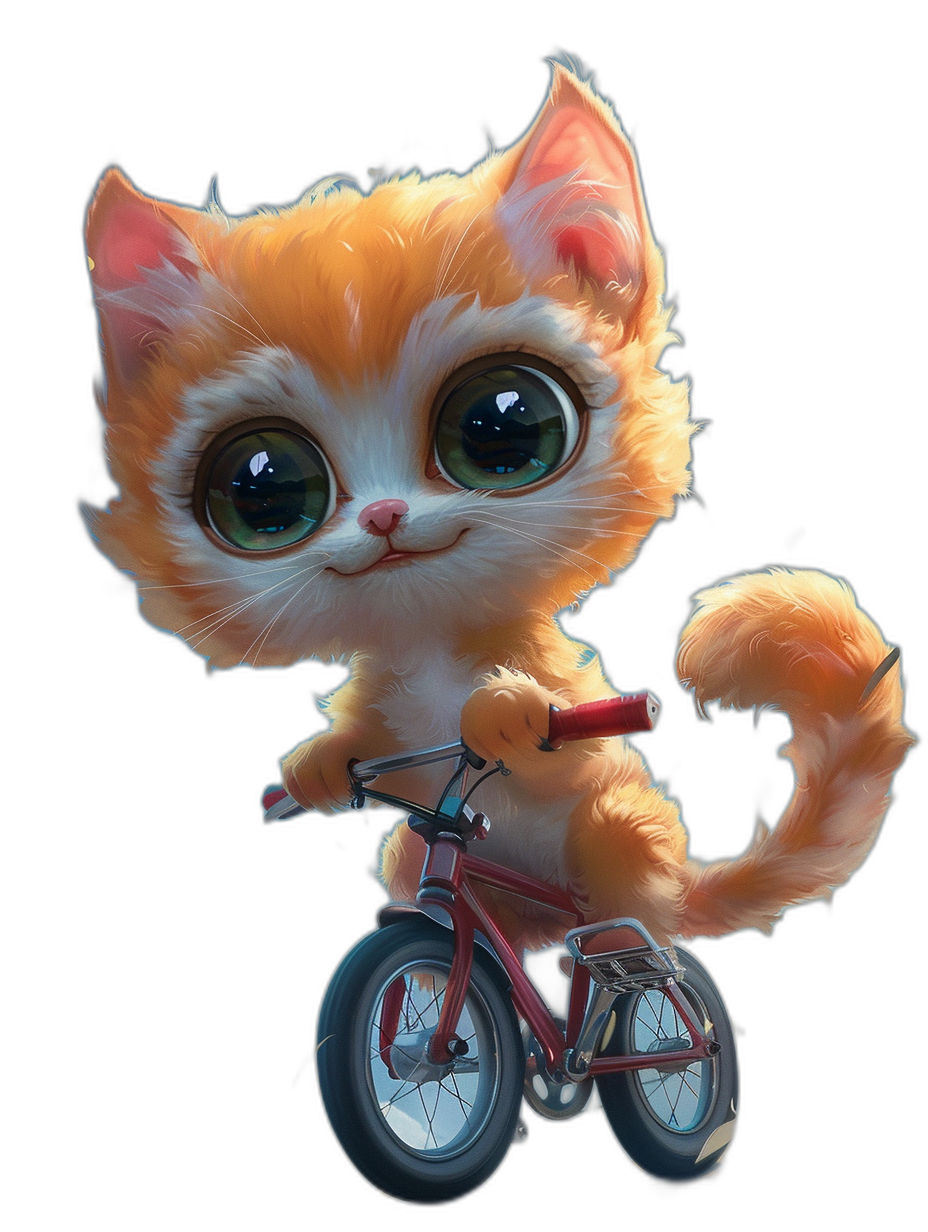 A cute orange cat with big eyes, riding on a red bicycle against a black background, in the style of Disney, with Pixar animation techniques, character design, using a renderman rendering engine, high resolution, cute pet art, with super detailed, cute pet illustration, high detail, with super clear details.