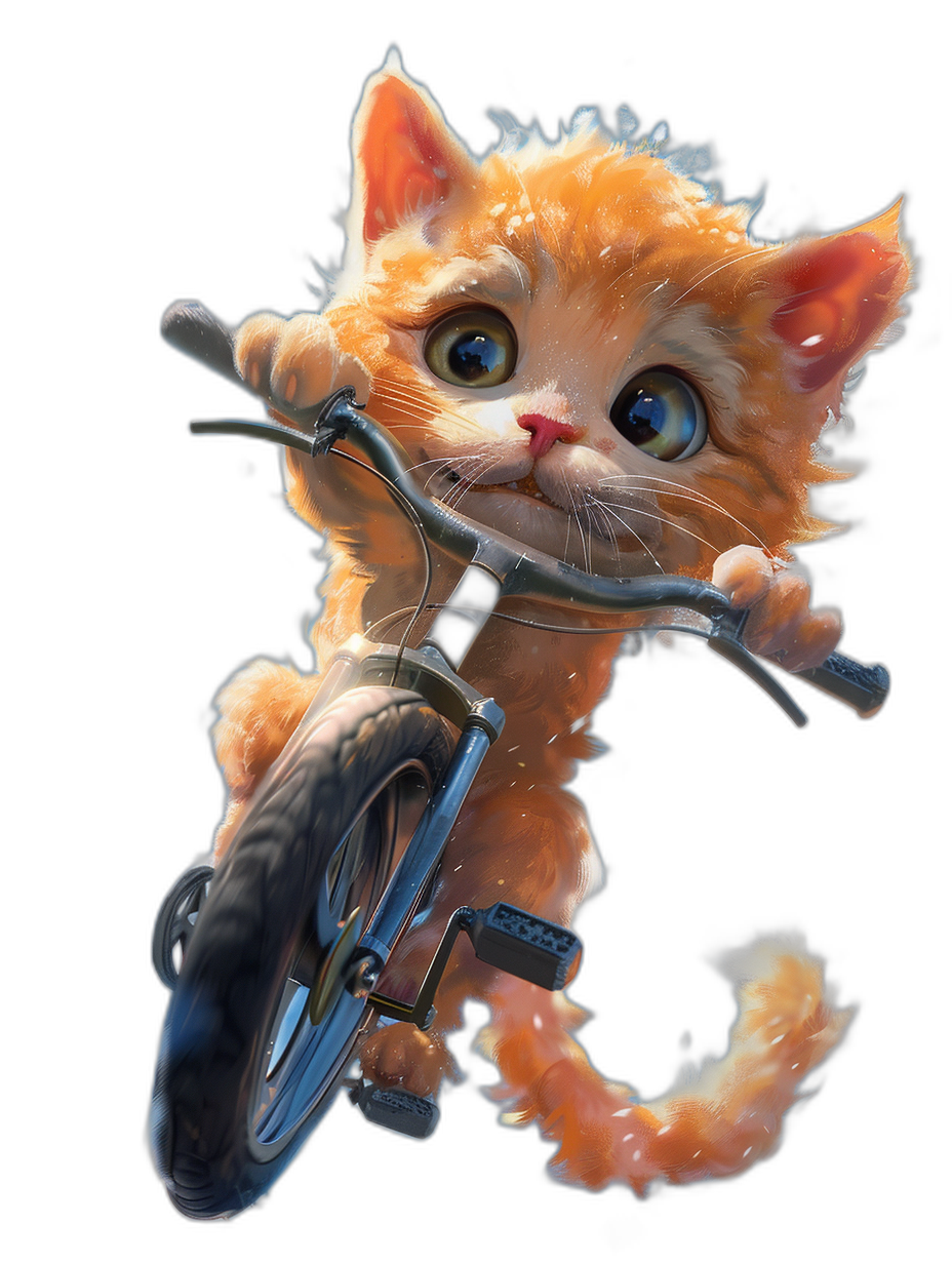 digital art of cute and fat orange kitten , riding on the bicycle black background, blue eyes , fluffy tail , big head small body