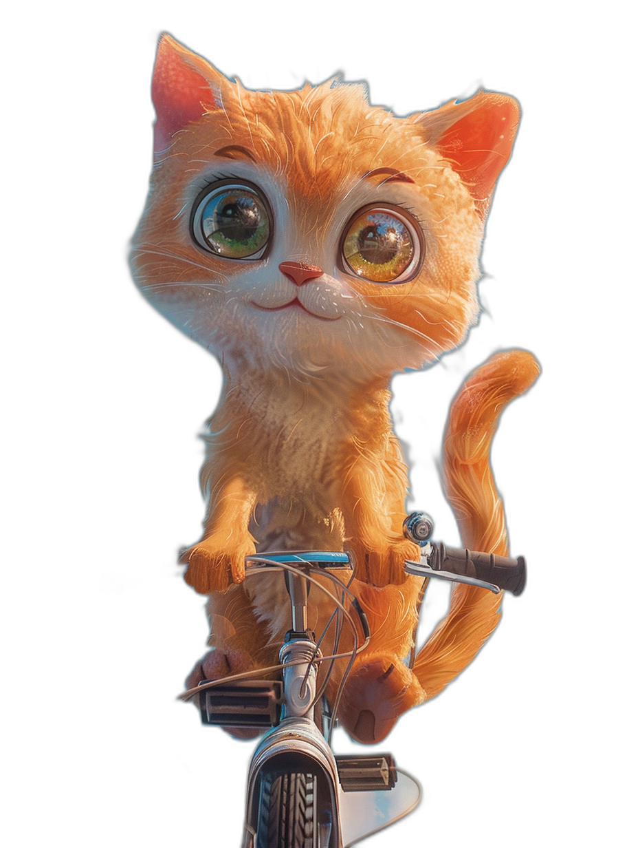 Cute orange cat sitting on the bike, big eyes, cartoon style, black background, in the style of Disney Pixar animation, 3D rendering, high resolution