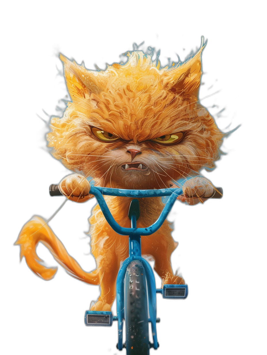 An angry orange cat riding a blue bicycle, with yellow eyes against a black background, in the style of a Pixar cartoon character, depicted as cute, with high resolution and hyper detailed coloring in full HD.