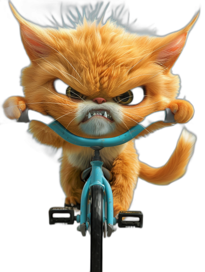 A cute cartoonish orange cat with an angry expression riding on the front of a bicycle, black background, blue frame, fluffy hair, exaggerated facial features, highly detailed, high resolution digital art in the style of Pixar, professional photography with studio lighting, sharp focus, hyperdetailed with volumetric light, bright colors, captured with a wide angle lens and depth of field, stunning details rendered with octane.