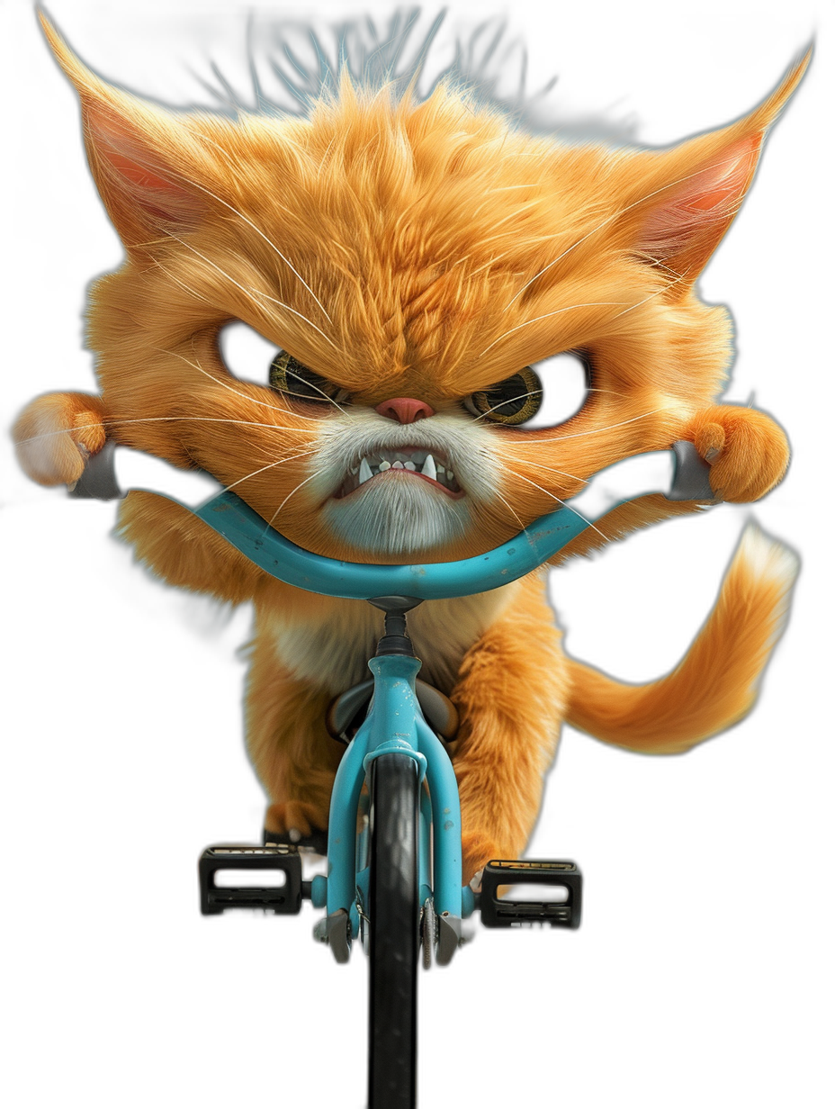 A cute cartoonish orange cat with an angry expression riding on the front of a bicycle, black background, blue frame, fluffy hair, exaggerated facial features, highly detailed, high resolution digital art in the style of Pixar, professional photography with studio lighting, sharp focus, hyperdetailed with volumetric light, bright colors, captured with a wide angle lens and depth of field, stunning details rendered with octane.