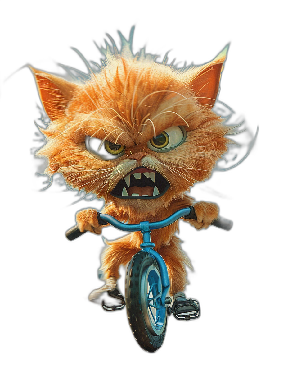 A cute orange cat with an angry expression, riding on the front of a bicycle in the style of Pixar, anthropomorphic, with a black background and a blue collar around its neck, is a 3D cartoon character design in a full body shot with high definition photography.