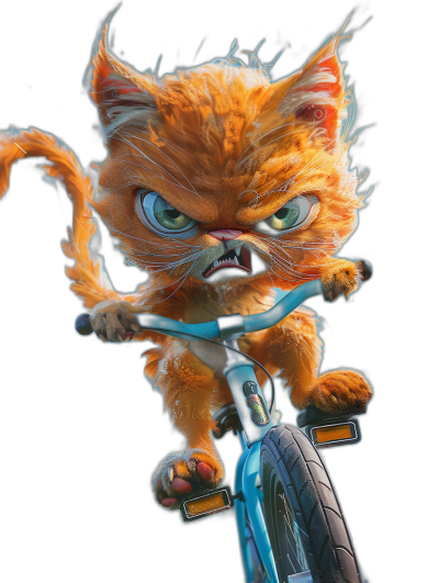 Cute orange cat riding a blue bike with an angry expression in a full body shot against a black background, in the Disney Pixar style, a digital art piece in the styles of [Artgerm](https://goo.gl/search?artist%20Artgerm), [Greg Rutkowski](https://goo.gl/search?artist%20Greg%20Rutkowski) and [Thomas Kinkade](https://goo.gl/search?artist%20Thomas%20Kinkade), an ultra detailed digital illustration with digital airbrushing and cinematic lighting rendered in octane.