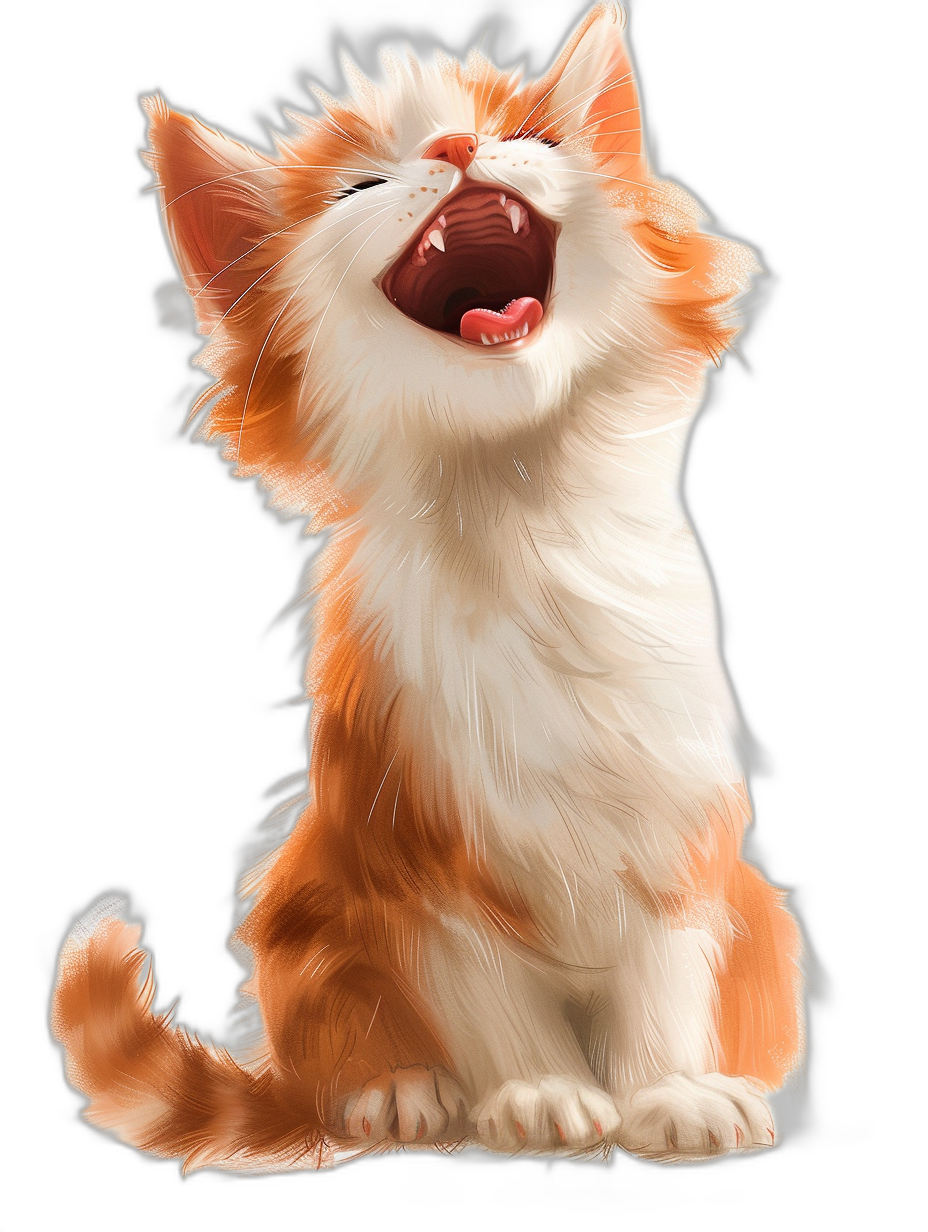 A cute orange and white kitten is laughing, with its mouth open wide. It has soft fur on the body, big eyes, and small ears perked back. The full-body portrait features cartoon realism, bright colors, high contrast, soft lighting, a natural posture, lively movements, warm tones, and a cheerful expression of happiness. The illustration is in the style of cartoon realism with bright colors, high contrast, soft lighting, and warm tones.