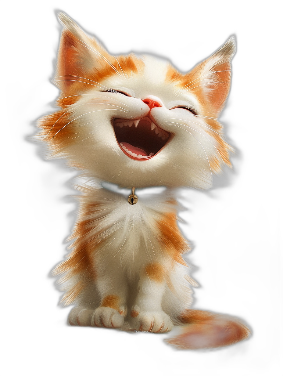 A cute orange and white kitten laughing, full body portrait against a black background in the style of Pixar studio’s concept art, high resolution