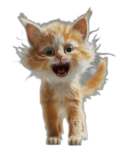 A cute ginger kitten, showing its teeth and jumping in the air, on a black background, in the style of a hyper realistic photo.