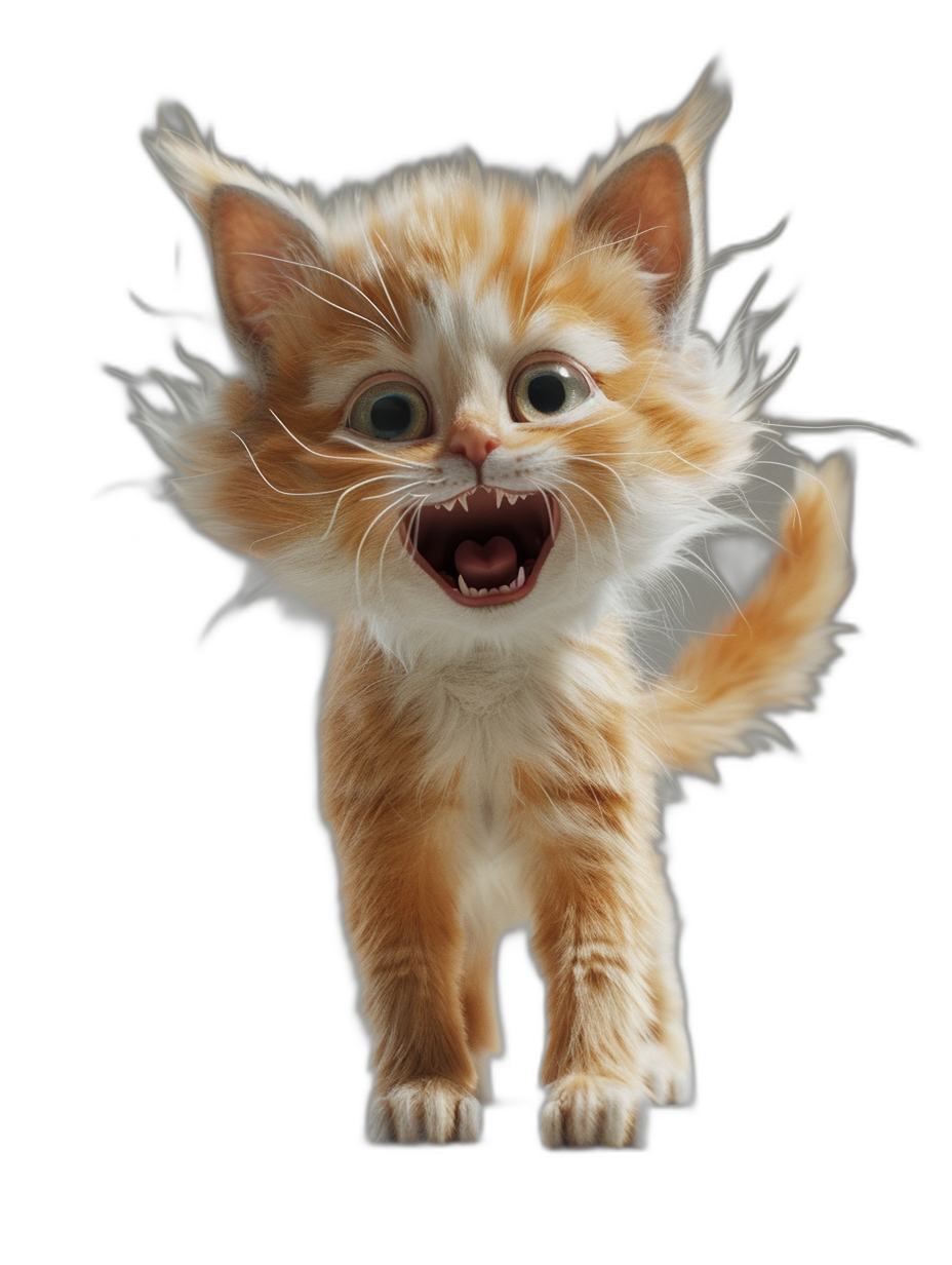 A cute ginger kitten, showing its teeth and jumping in the air, on a black background, in the style of a hyper realistic photo.