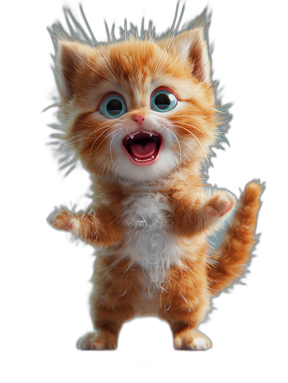 3D render of a happy, smiling, cute ginger kitten character dancing on a black background in the style of Pixar. The kitten has big eyes, a lovely face, a white chest and belly with soft fur, a long tail, a cute pose, and a cute expression. Detailed fur texture is rendered with studio lighting and octane rendering at high resolution.