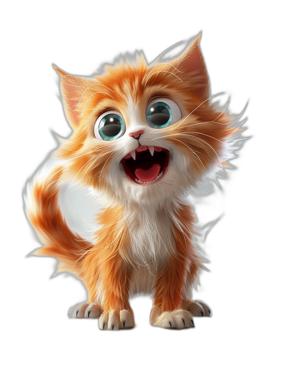 3D render of a cute happy orange and white kitten character, in the style of Pixar, with big eyes, on a black background, with a cute cartoon design, rendered in Unreal Engine with Octane rendering, with hyper detailed and hyper realistic textures.