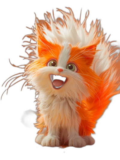 3D render of a happy orange and white fluffy cat with wild hair on a black background, cute Disney-style character concept in the style of Pixar, ZBrush sculpting, Unreal Engine rendering, hyper realistic